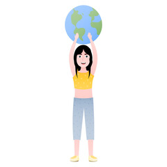 Earth day illustration with little girl holding planet, saving green environmental, ecology protect