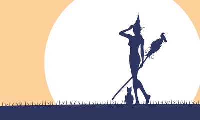 Halloween holiday background. Standing witch with broomstick, cat and raven