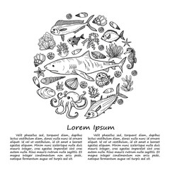 Illustration with cute hand drawn marine animals, fish and shells. Vector.  May use as coloring page. 