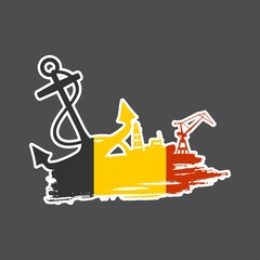 Anchor, lighthouse, ship and crane icons on brush stroke. Flag of Belgium
