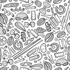 Seamless pattern with different types of pasta. Vector food illustration. May use as a coloring page