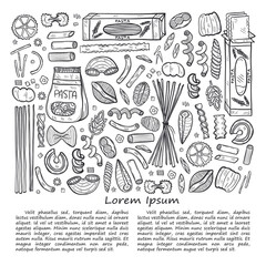 Hand drawn illustration with different types of pasta. Vector food sketch. May use as a coloring page