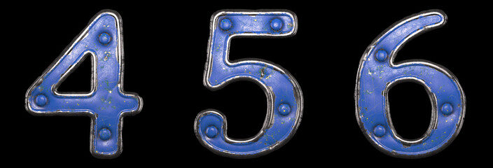 Set of numbers 4, 5, 6 made of painted metal with blue rivets on black background. 3d