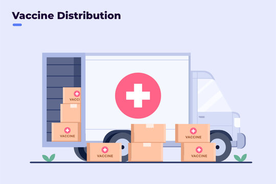 Illustration coronavirus Covid-19 vaccine distribution to people with truck transportation. Covid-19 medicine vaccine delivery. Shipping the coronavirus vaccine. Virus Vaccine finally complete.