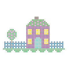 The cross-stitch spring house is isolated on the white background.