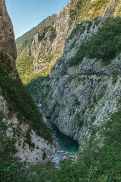 Canyon of Moraca river with mountain road and tunnel