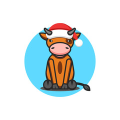 Baby bull wearing Santa Claus hat symbol of 2021 chinese new year, cute cartoon baby ox animal child illustration for winter holiday greeting christmas card.