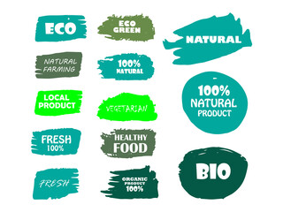 Organic, bio, eco, natural product, vegan food, natural farming, vegetarian labels. Vector collection of paint brush strokes isolated on white background. Hand drawn abstract design elements set.