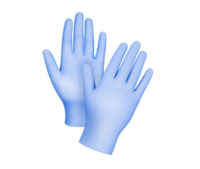 Fototapeta na wymiar Medical gloves. Two blue surgical gloves isolated on white background with hands. Rubber glove manufacturing, human hand is wearing a latex glove. Doctor or nurse putting on protective gloves