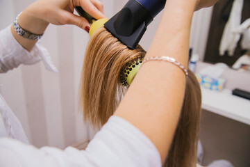 Fototapeta premium A young woman dries her hair with a hair dryer. The girl combs her hair. Professional hair care products.