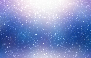 Snow blue shimmer blur background. Outside winter illustration for holidays design. Glowing night sky. Abstract texture.