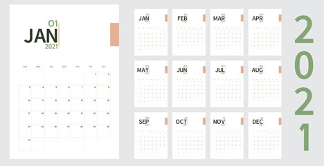 Vector of 2021 new year calendar in minimal table simple style and organic tone green and rose gold color,Holiday event planner,Week Starts Sunday