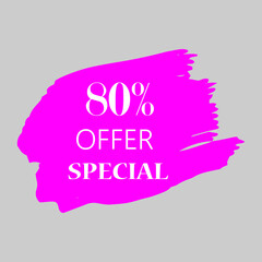 80% special offer sign over art pink brush acrylic stroke paint abstract texture background vector illustration. Acrylic paint brush stroke. Grunge ink brush stroke. Offer layout design for shop.