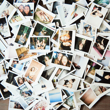 Pile of instant photos with best friends having fun during summer