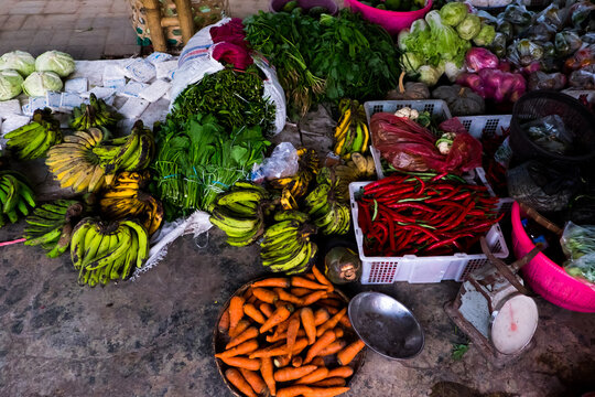 stack of fruits and vegetables in indonesian local market