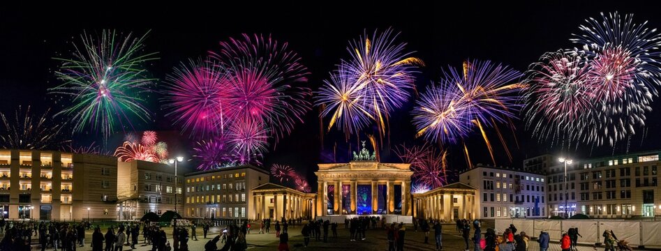 Panoramic view Brandenburger Tor (Brandenburg Gate) viewed from the Pariser Platz on the East side at night with fireworks,  landmark and national symbol of Germany. Brandenburg Gate with fireworks