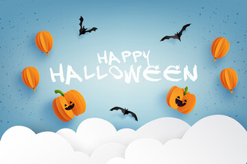 Happy halloween banner background template.Halloween pumpkins, balloons and flying bats on blue sky.Paper cut style vector illustration.