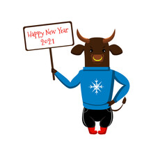 Bull, symbol of the new 2021, holds a banner with the inscription Happy New Year. the bull is wearing a blue sweater and red shoes
