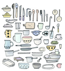 set of colored drawings on the theme : kitchen tools