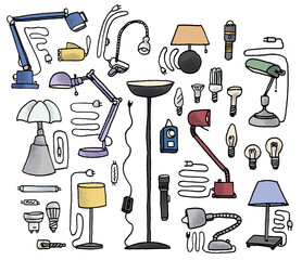 set of colored drawings on the theme : lamps
