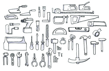 set of black and white drawings on the theme : tools