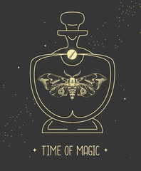 Modern magic witchcraft card with butterfly in glass bottle on space background. Vector illustration