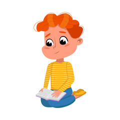 Cute Boy Reading Book while Sitting on Ffloor, Preschooler Kid or Elementary School Student Enjoying Literature Cartoon Style Vector Illustration