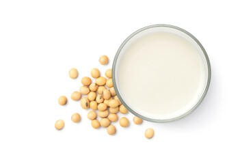 Flat lay (top view) of Soy milk with soybeans isolated on white background.