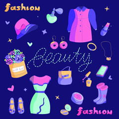 
set of vector drawings for girls on the theme of beauty and fashion, cute wardrobe items, jewelry, cosmetics and perfumery, flowers in a box