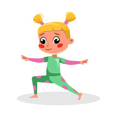Cute Girl Adorable Kid Practicing Yoga Standing in Hero Pose, Kids Good Behavior Cartoon Style Vector Illustration
