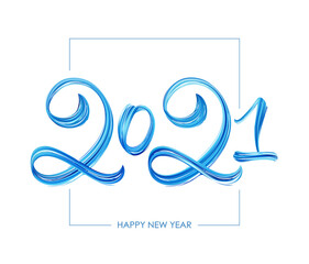 Fototapeta premium Vector Hand drawn brush stroke blue paint lettering of 2021. Happy New Year