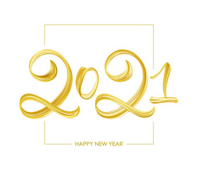 Vector illustration: Handwritten brush golden paint lettering of 2021. Happy New Year