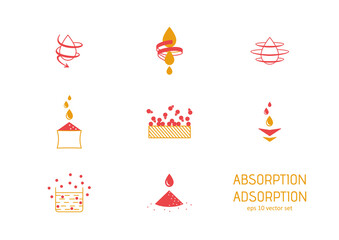 Absorption, adsorbation - vector icon set.