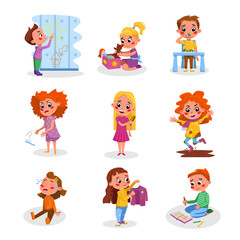 Obraz na płótnie Canvas Bad and Good Kids Behavior and Habits Set, Cute Naughty and Obedient Children in Different Situations Cartoon Style Vector Illustration