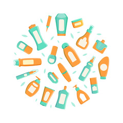 Cosmetic Products of Round Shape, Natural Cosmetics, Makeup Packaging, Containers for Skincare Cream Cartoon Vector Illustration