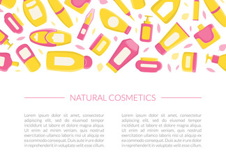 Natural Cosmetics Banner Tempate, Cosmetic Products, Makeup Packaging, Containers for Skincare Cream Seamless Pattern Cartoon Vector Illustration