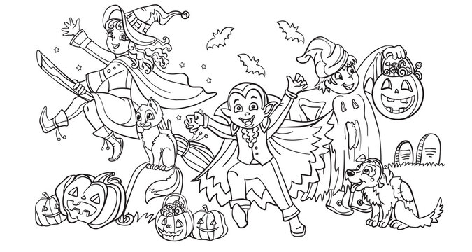Vector cartoon halloween illustration witch, vampire, ghost