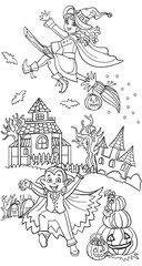 Fototapeta na wymiar Vector cartoon halloween illustration vampire and witch