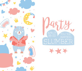 Slumber Party Banner Template, Childish Holiday Party Invitation Card Design Cartoon Vector Illustration
