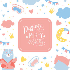 Pajama Party banner Template, Childish Slumber Pyjama Overnight Sleepover Invitation Card Design Cartoon Vector Illustration