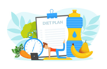 Healthy Lifestyle, Tiny Woman Training her Body in Gym and Eating Healthy Food, Weight Loss Concept Vector Illustration