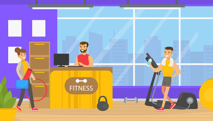 Fitness Club Reception Sesk with Male Receptionist, People Doing Sports Exercises in Gym Flat Vector Illustration