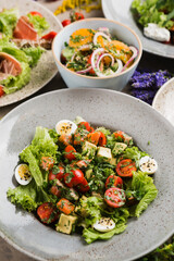 many beautiful dishes and salads for the buffet