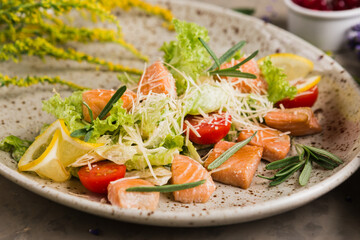 green salad with salmon pieces