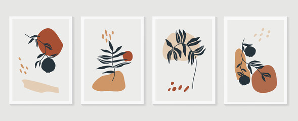 Botanical wall art vector set. Foliage line art drawing with abstract shape.  Abstract Plant Art design for print, cover, wallpaper, Minimal and  natural wall art. Vector illustration.
