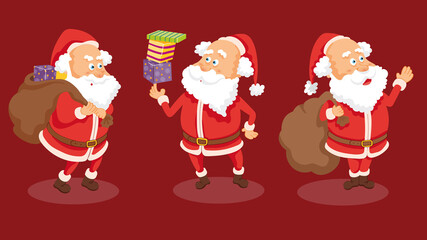 Funny Santa Claus in different positions carrying a big bag of toys. Vector illustration isolated.