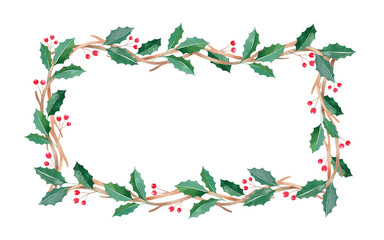Watercolor Christmas frame with red berries, watercolor New Year