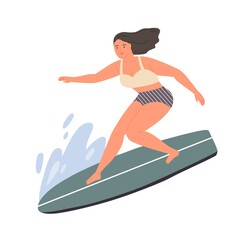 Smiling woman standing on surfboard at sea or ocean wave vector flat illustration. Happy sportswoman enjoying active lifestyle isolated on white. Female surfer in swimsuit doing extreme sports
