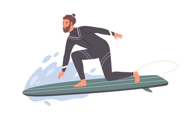 Hipster male surfer in wetsuit standing one knee on surfboard riding at wave vector flat illustration. Professional sportsman practicing extreme sports at sea or ocean water isolated on white