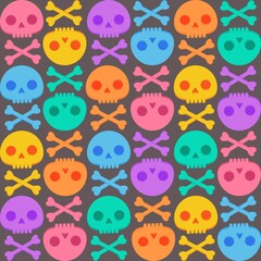 Obraz premium Seamless pattern with human skull and bones. Cute vector halloween ornament in flat style. Stock illustration for wrapping paper, textile, background, wallpaper, scrapbooking.
